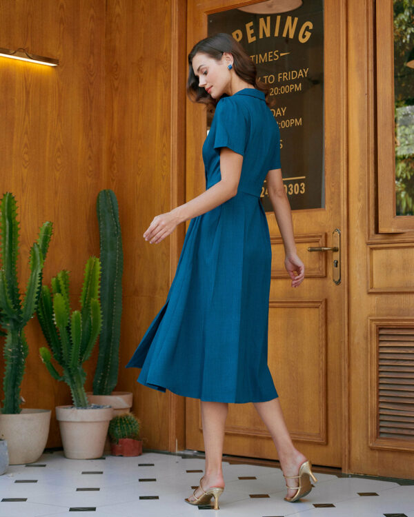 Blue V Neck Pleated Button Midi Dress - Image 10