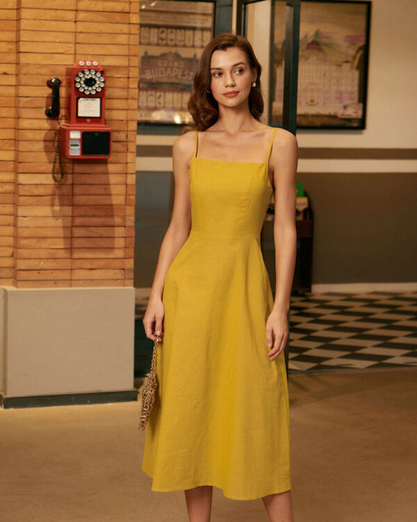 Yellow Square Neck Shirred Slip Midi Dress
