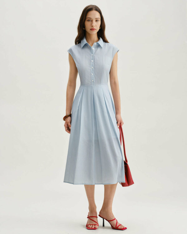 Blue Striped Cap Sleeve Midi Dress - Image 3