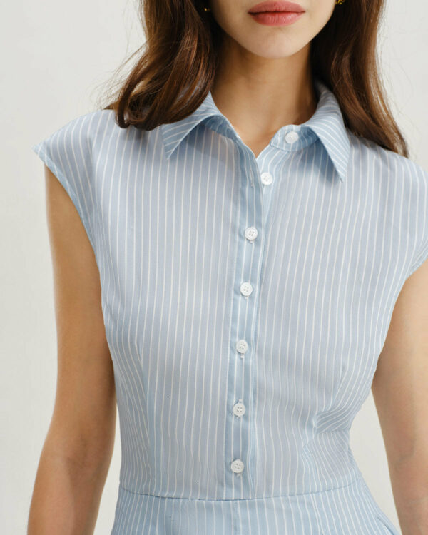 Blue Striped Cap Sleeve Midi Dress - Image 2