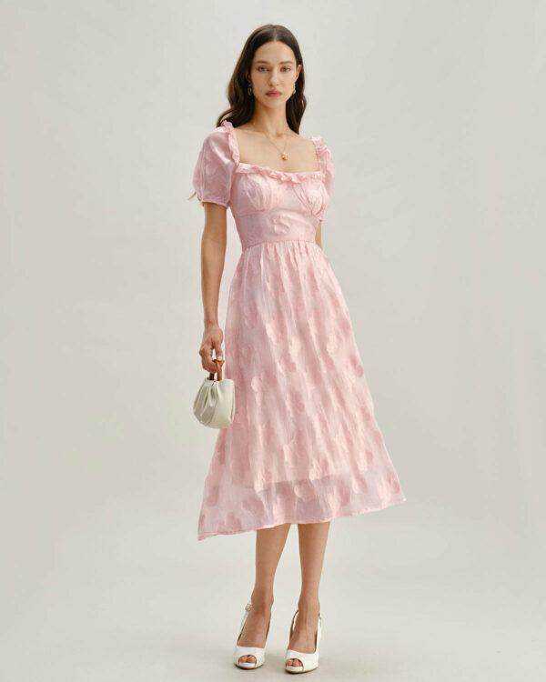 Pink Square Neck Puffed Sleeve Midi Dress - Image 4