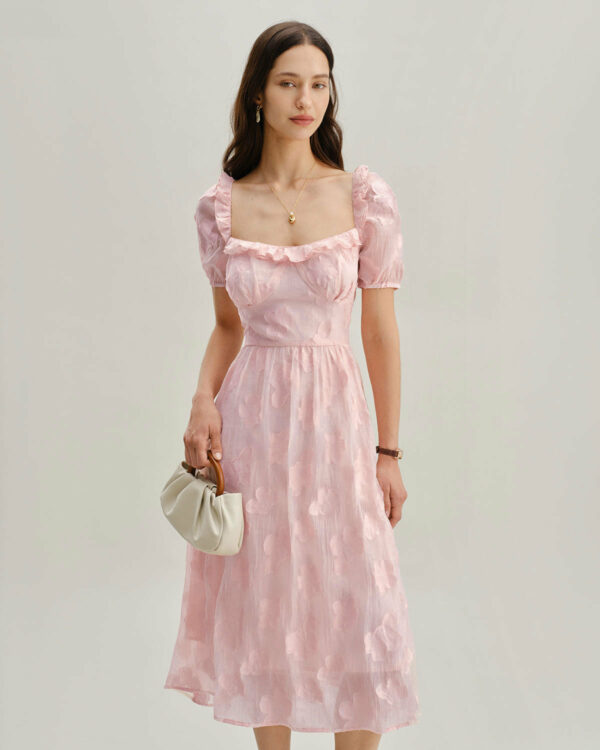Pink Square Neck Puffed Sleeve Midi Dress - Image 2