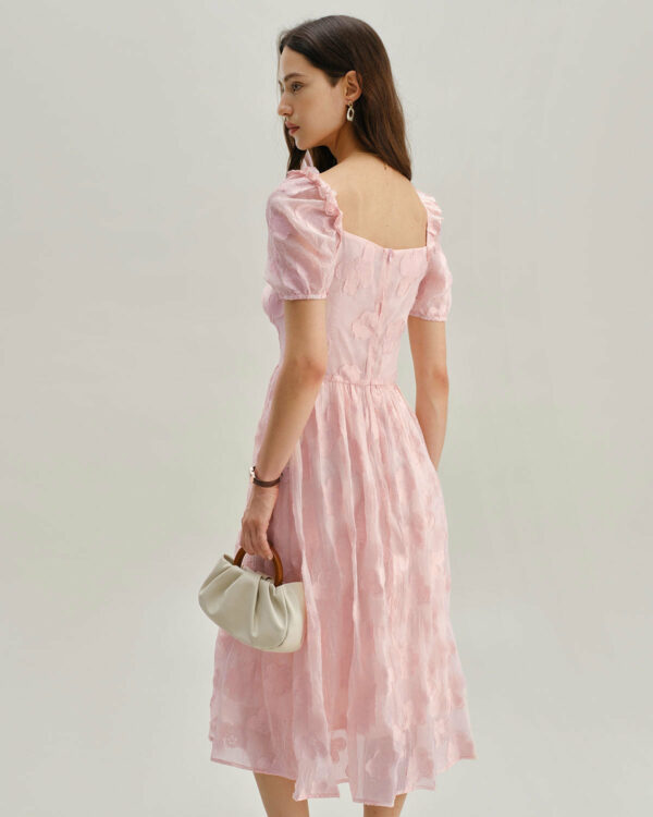 Pink Square Neck Puffed Sleeve Midi Dress - Image 5