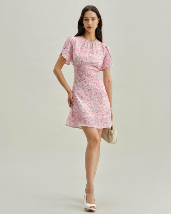 Pink Floral Round Neck Pleated Mini Dress - Image 4