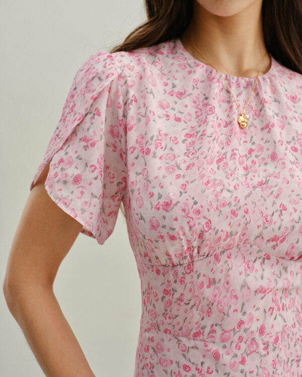 Pink Floral Round Neck Pleated Mini Dress - Image 2