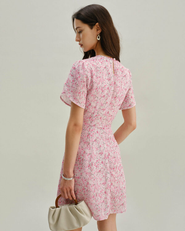 Pink Floral Round Neck Pleated Mini Dress - Image 3