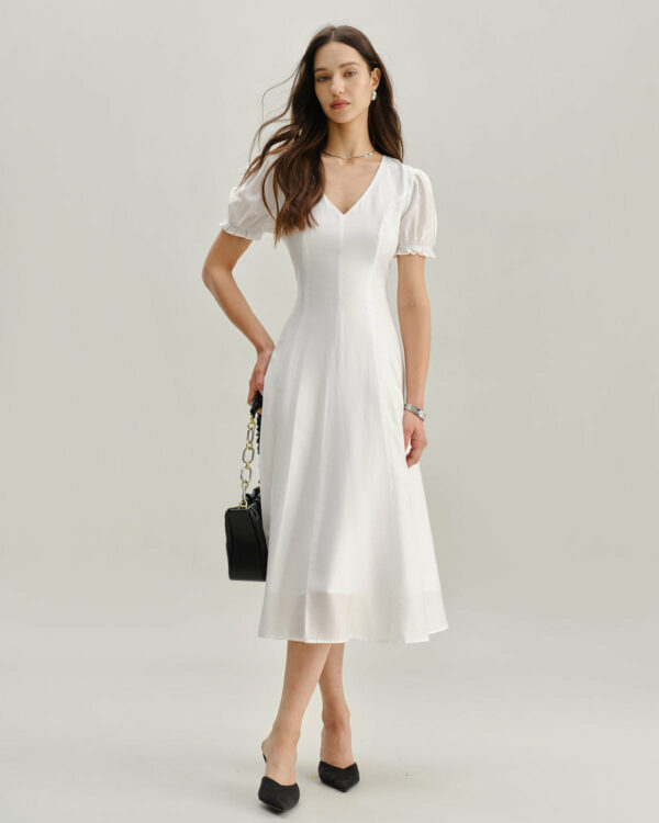 White Puffed Sleeve V Neck Midi Dress - Image 3