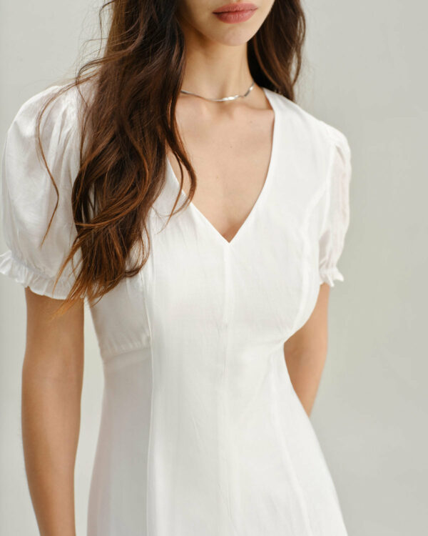 White Puffed Sleeve V Neck Midi Dress - Image 2