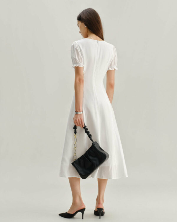 White Puffed Sleeve V Neck Midi Dress - Image 4