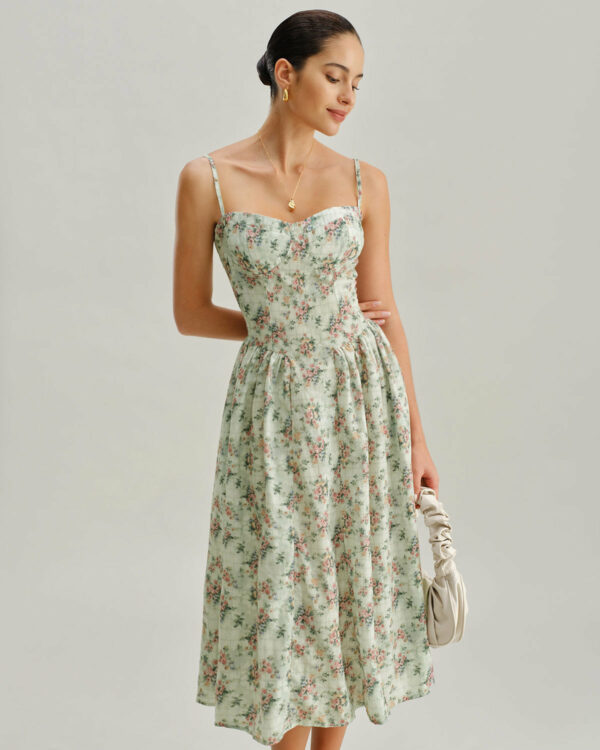 Green Floral Neck Pleated Slip Midi Dress