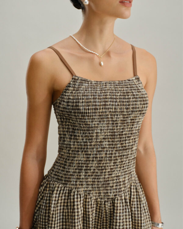 Brown Plaid Shirred Slip Midi Dress - Image 3