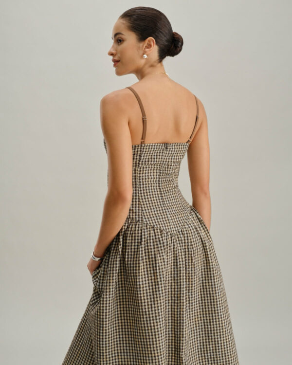 Brown Plaid Shirred Slip Midi Dress - Image 4