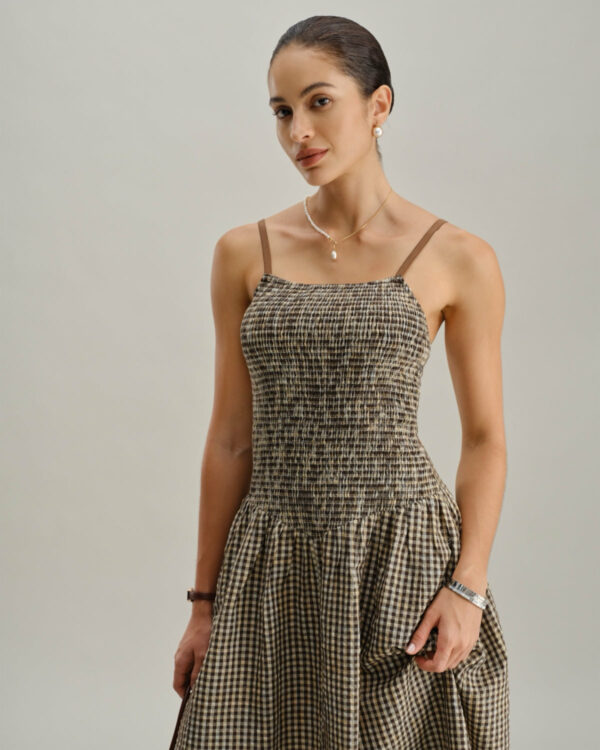 Brown Plaid Shirred Slip Midi Dress - Image 2