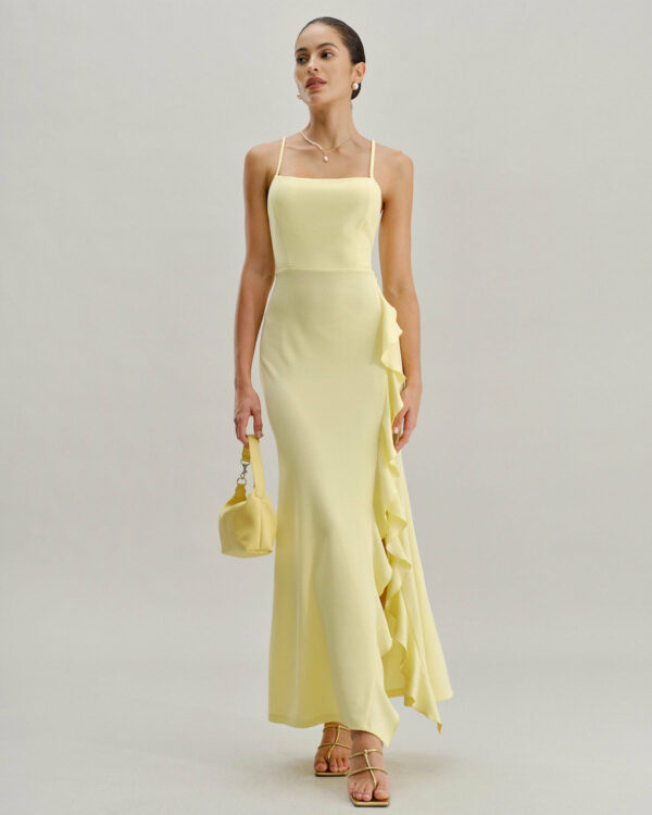 Yellow Ruffle Backless Slit Slip Maxi Dress - Image 4