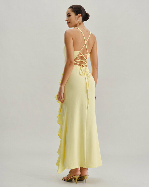 Yellow Ruffle Backless Slit Slip Maxi Dress - Image 5