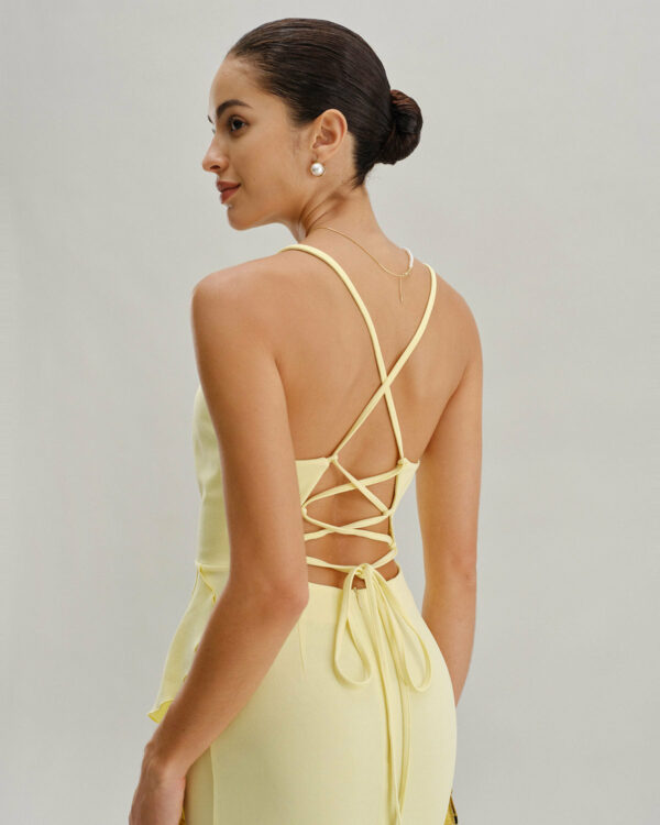 Yellow Ruffle Backless Slit Slip Maxi Dress - Image 3