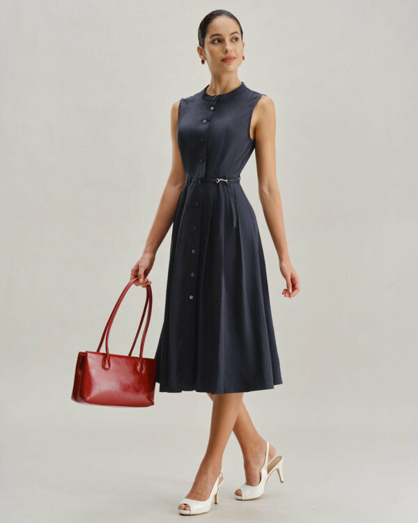 Navy Mock Neck High Waist Midi Dress - Image 4