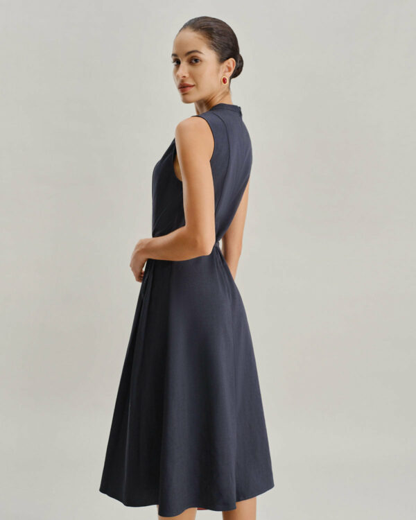 Navy Mock Neck High Waist Midi Dress - Image 5