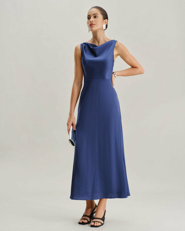 Navy Cowl Neck Satin Sleeveless Maxi Dress - Image 3