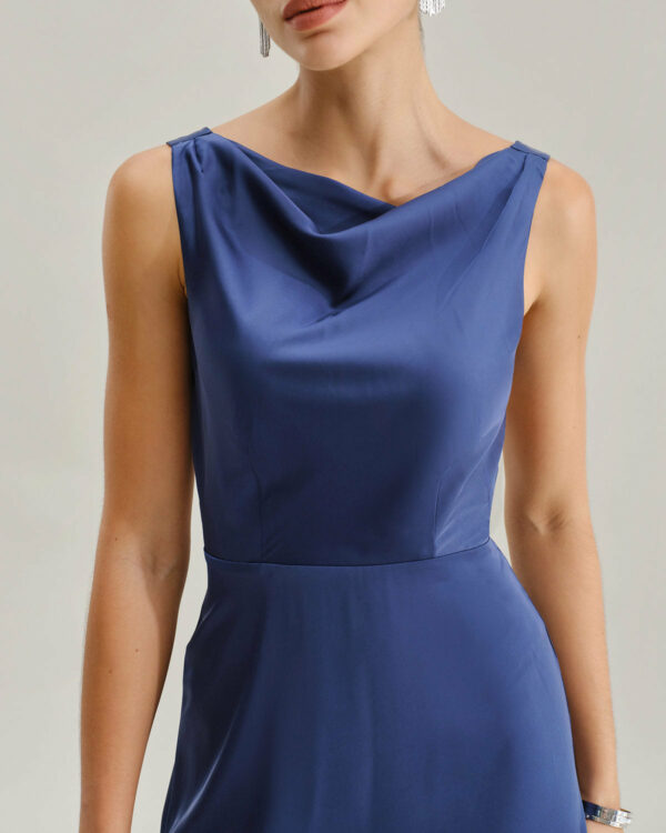 Navy Cowl Neck Satin Sleeveless Maxi Dress - Image 2
