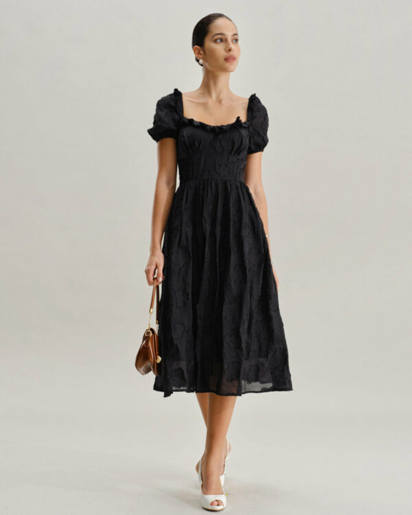 Black Square Neck Puffed Sleeve Midi Dress - Image 4