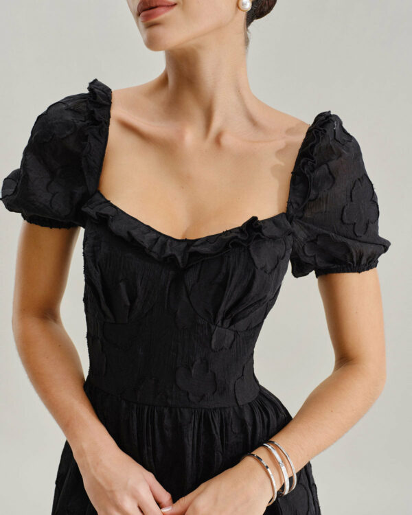 Black Square Neck Puffed Sleeve Midi Dress - Image 2