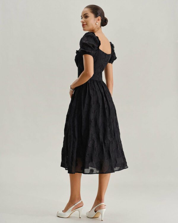 Black Square Neck Puffed Sleeve Midi Dress - Image 5