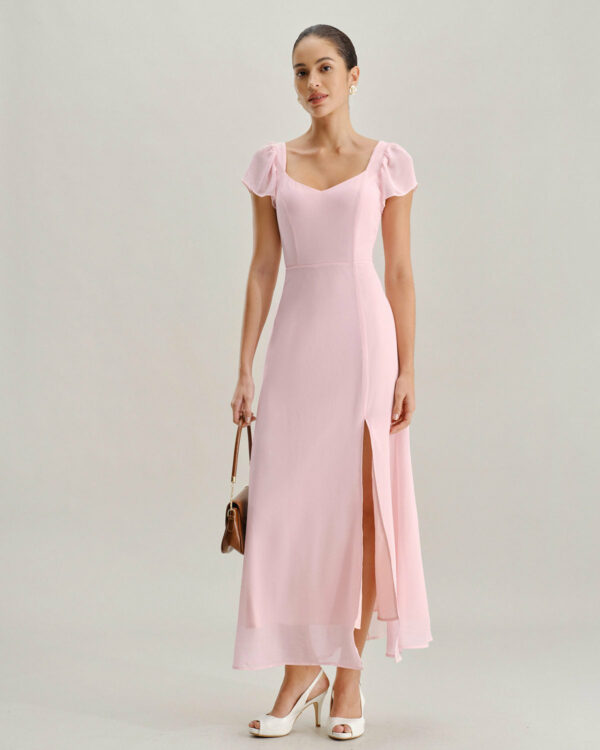 Pink Neck Chiffon Maxi Dress