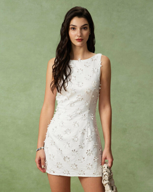 White Textured Boat Neck Sleeveless Mini Dress