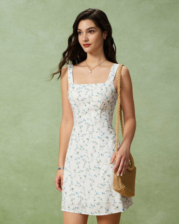 White Floral Square Neck Slip Mini Dress - Image 3