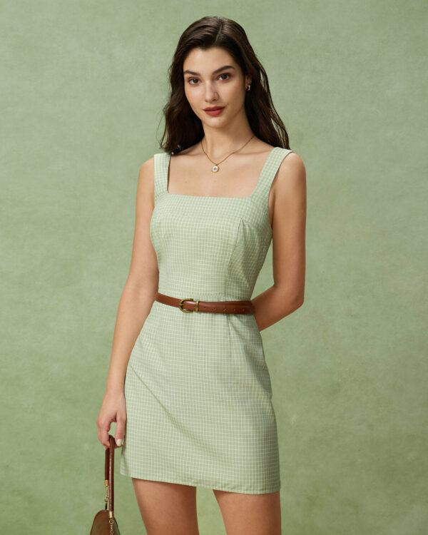 Green Plaid Square Neck Shirred Slip Mini Dress - Image 3