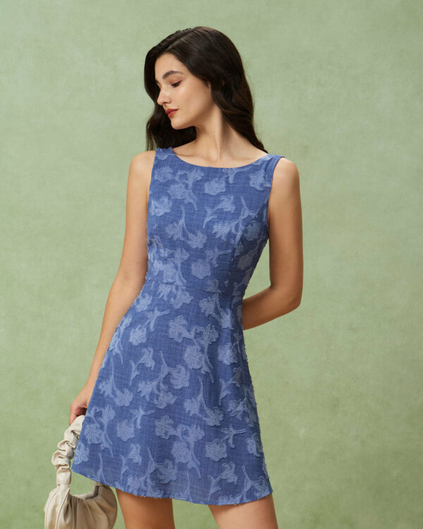 Blue Round Neck Sleeveless Mini Dress - Image 2