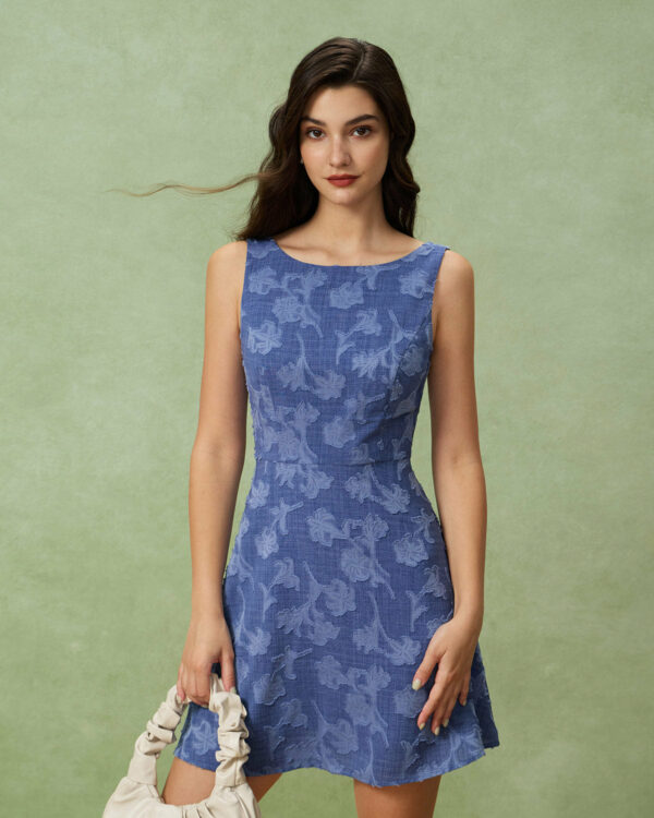 Blue Round Neck Sleeveless Mini Dress