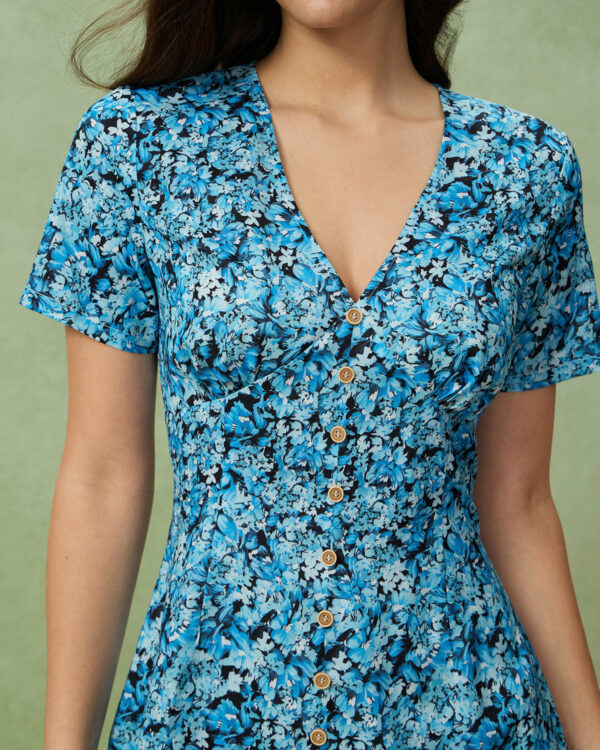 Blue Floral V-Neck Button Mini Dress - Image 2