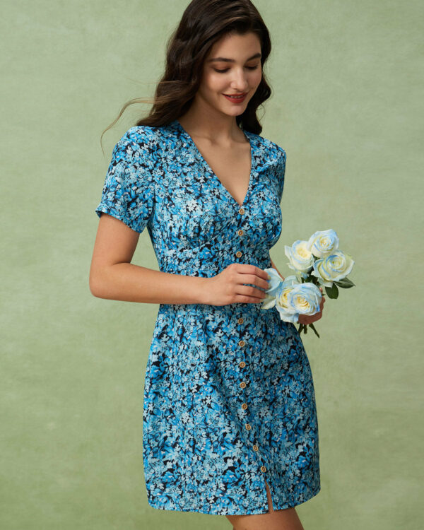 Blue Floral V-Neck Button Mini Dress - Image 3