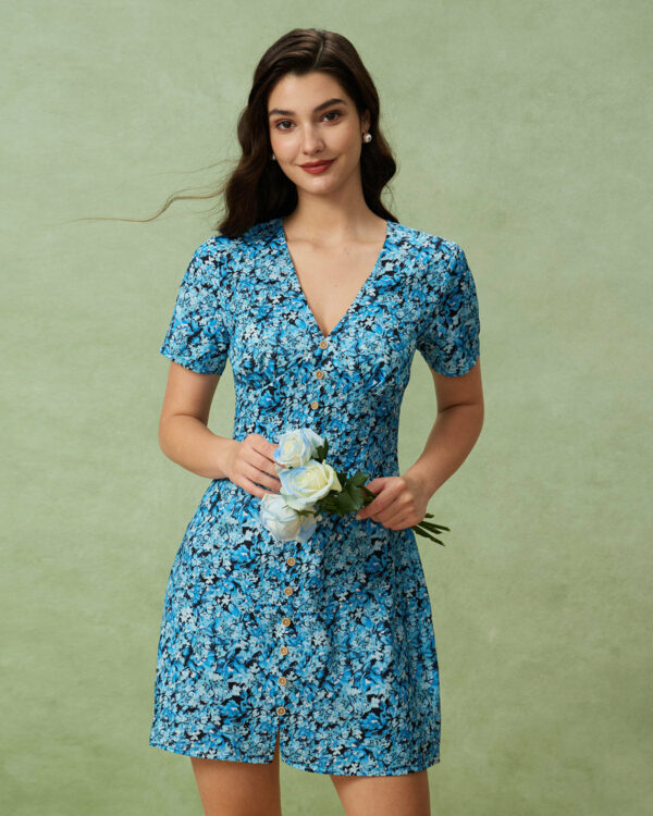 Blue Floral V-Neck Button Mini Dress