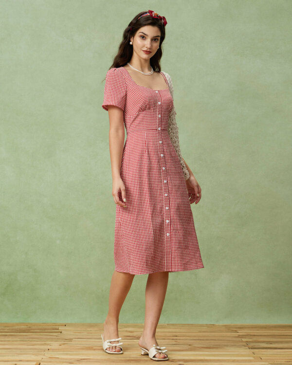 Red Plaid Square Neck Midi Dress - Image 3