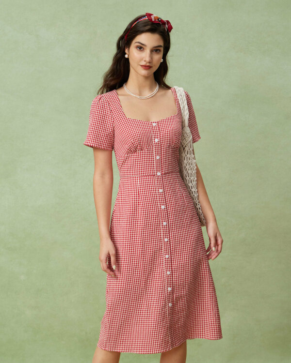 Red Plaid Square Neck Midi Dress