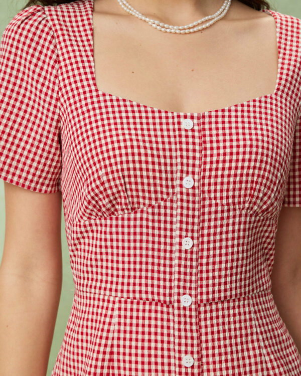 Red Plaid Square Neck Midi Dress - Image 2