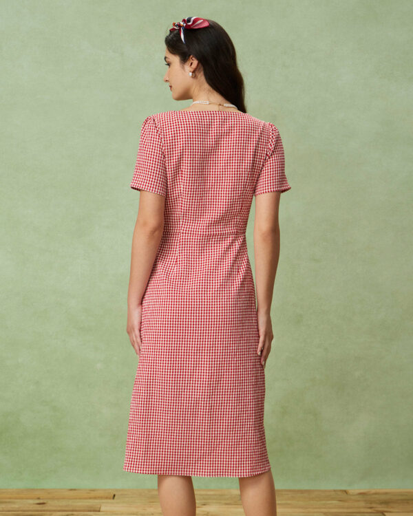 Red Plaid Square Neck Midi Dress - Image 4