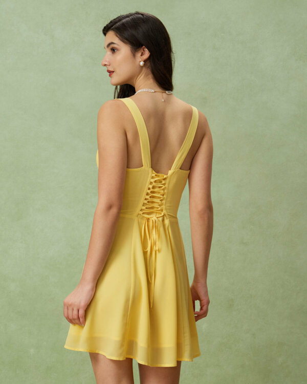 Yellow Square Neck Ruched Mini Dress - Image 4