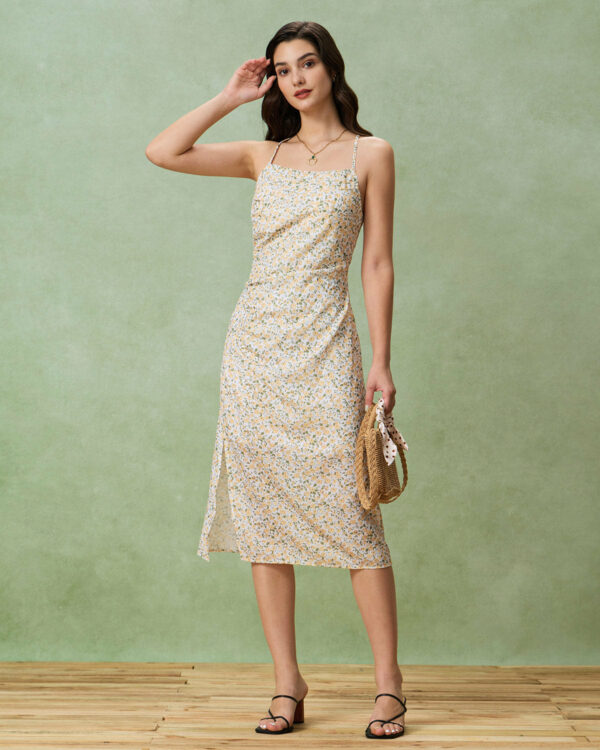 Yellow Floral Ruched Slip Midi Dress - Image 3