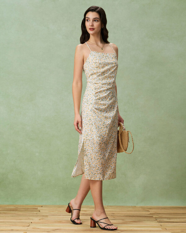 Yellow Floral Ruched Slip Midi Dress - Image 4