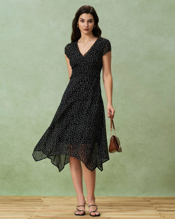 Black V Neck Polka Dot Midi Dress - Image 4