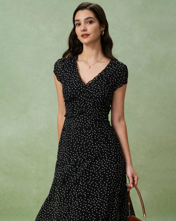 Black V Neck Polka Dot Midi Dress - Image 3