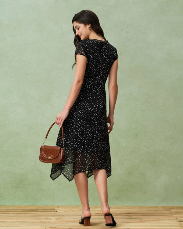 Black V Neck Polka Dot Midi Dress - Image 5