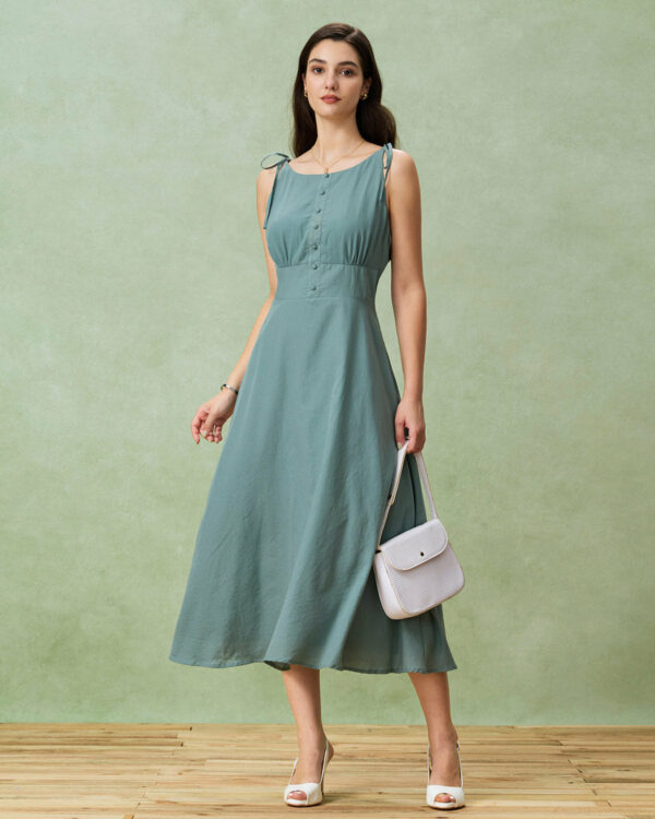 Green Boat Neck Backless Slip Midi Dress - Image 5