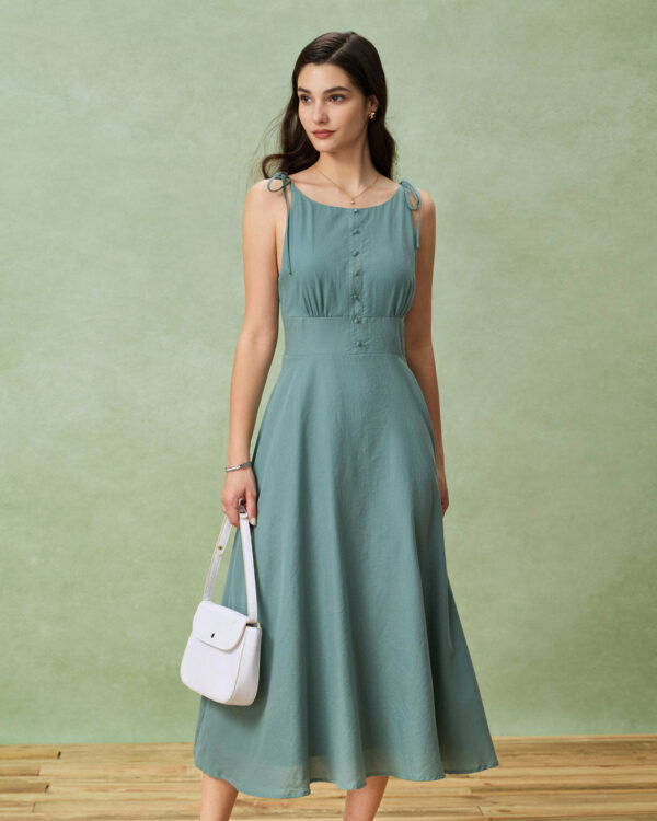 Green Boat Neck Backless Slip Midi Dress - Image 3