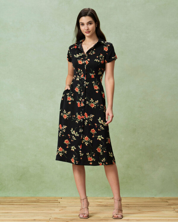 Black Floral Button A-Line Midi Dress - Image 4