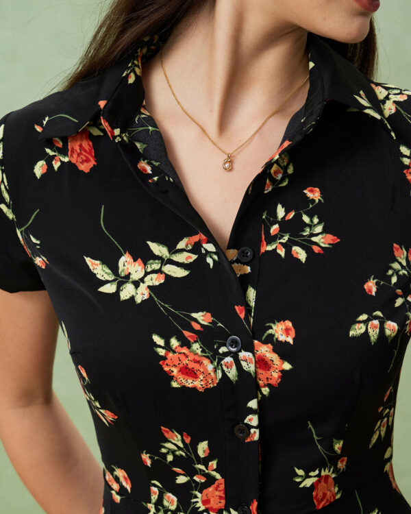 Black Floral Button A-Line Midi Dress - Image 2